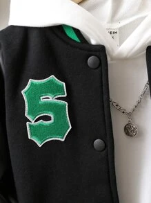 SHEIN Toddler Boy Jackets Đắp vá Nút phía trước Lá thư Sọc Giải trí - màu đen - Xem 4