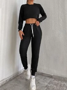 RueChic 插肩袖套头衫和抽绳腰部运动裤 - 黑色 - 查看 3