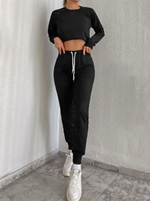 RueChic 插肩袖套头衫和抽绳腰部运动裤 - 黑色 - 查看 4