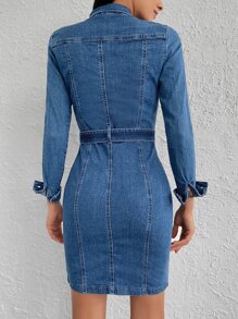 EURMUSE Flap Pocket Button Front Belted Denim Dress - Blue - View 2