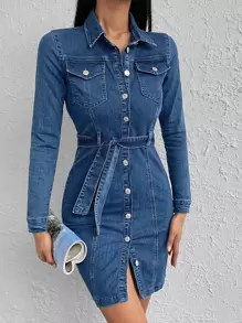 EURMUSE Flap Pocket Button Front Belted Denim Dress - Blue - View 4