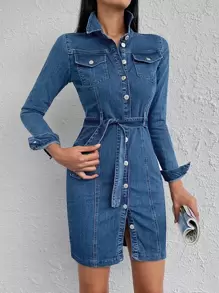 EURMUSE Flap Pocket Button Front Belted Denim Dress - Blue - View 5
