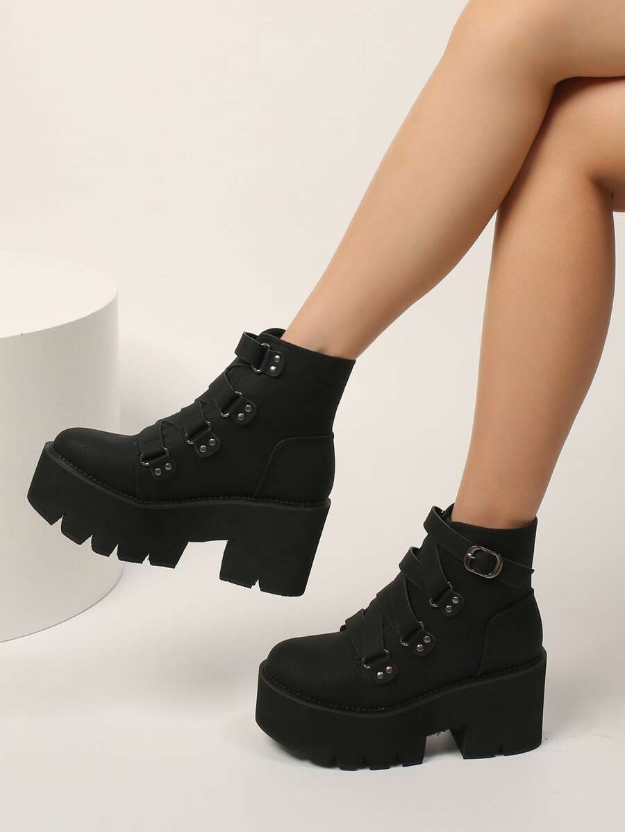 Studded Decor Platform Chunky Heeled Combat Boots, Chunky Heel Black Punk Buckles, Studs Decor Solid Color Women's Fashion Boots - Black - View 1