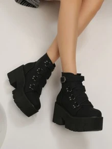 Studded Decor Platform Chunky Heeled Combat Boots, Chunky Heel Black Punk Buckles, Studs Decor Solid Color Women's Fashion Boots - Black - View 2