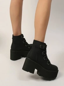 Studded Decor Platform Chunky Heeled Combat Boots, Chunky Heel Black Punk Buckles, Studs Decor Solid Color Women's Fashion Boots - Black - View 3