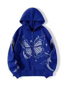 SHEIN Unity 蝴蝶圖案拉鏈開襟加絨內裏連帽衫 - 藍色 - 查看 1