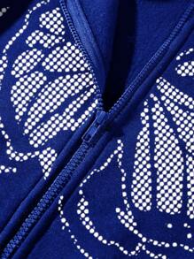 SHEIN Unity 蝴蝶圖案拉鏈開襟加絨內裏連帽衫 - 藍色 - 查看 3