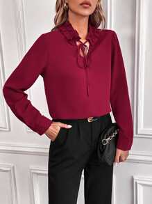 SHEIN Unity Frill Trim Tie Neck Blouse - Burgundy - View 1