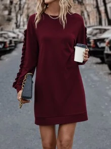 SHEIN LUNE Solid Frill Trim Sweatshirt Dress - Burgundy - View 1