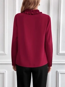 SHEIN Unity Frill Trim Tie Neck Blouse - Burgundy - View 2
