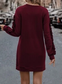 SHEIN LUNE Solid Frill Trim Sweatshirt Dress - Burgundy - View 2