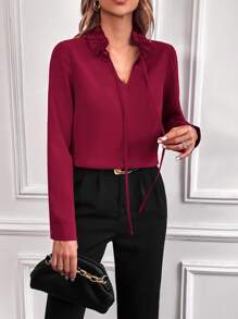 SHEIN Unity Frill Trim Tie Neck Blouse - Burgundy - View 4