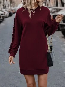SHEIN LUNE Solid Frill Trim Sweatshirt Dress - Burgundy - View 3