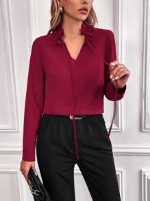 SHEIN Unity Frill Trim Tie Neck Blouse - Burgundy - View 5