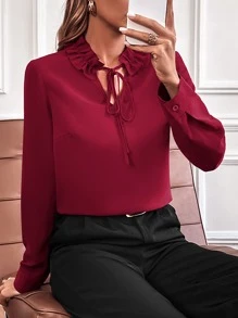 SHEIN Unity Frill Trim Tie Neck Blouse - Burgundy - View 6