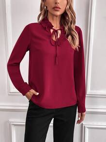 SHEIN Unity Frill Trim Tie Neck Blouse - Burgundy - View 7