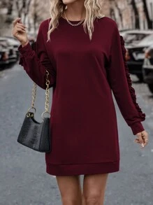 SHEIN LUNE Solid Frill Trim Sweatshirt Dress - Burgundy - View 5