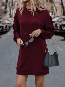 SHEIN LUNE Solid Frill Trim Sweatshirt Dress - Burgundy - View 6