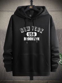 Aesthetic Post--Men Letter Graphic Kangaroo Pocket Drawstring Hoodie - Black - View 1