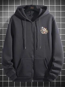 Manfinity EMRG Men 1pc Letter & Cartoon Graphic Drawstring Thermal Hoodie - Dark Grey - View 2