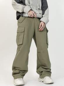 Manfinity Hypemode Men Flap Pocket Side Drawstring Waist Cargo Trousers - Army Green - View 3