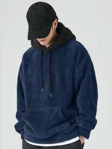 Manfinity Loose Fit Men's Kangaroo Pocket Drop Shoulder Drawstring Teddy Hoodie - Navy Blue - View 1