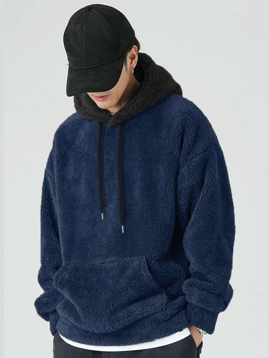 Manfinity Loose Fit Men's Kangaroo Pocket Drop Shoulder Drawstring Teddy Hoodie - Navy Blue - View 1