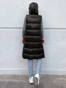 EURMUSE Zip Up Hooded Puffer Vest Coat - Black - View 2