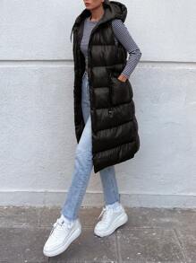 EURMUSE Zip Up Hooded Puffer Vest Coat - Black - View 3