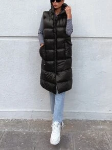 EURMUSE Zip Up Hooded Puffer Vest Coat - Black - View 6