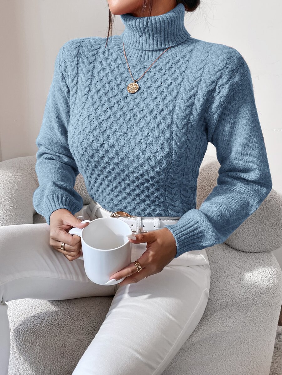 SHEIN Essnce Turtleneck Cable Knit Jumper - Dusty Blue - View 1