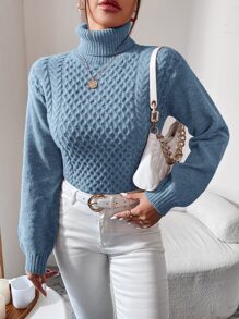 SHEIN Essnce Turtleneck Cable Knit Jumper - Dusty Blue - View 3