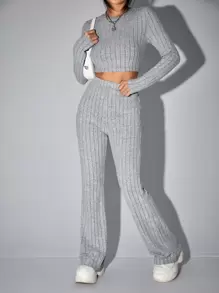 Muchica 2pcs Women Solid Color Crew Neck Long Sleeve Ribbed T-Shirt And Flare Leg Pants Set - Grey - View 1