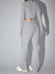Muchica 2pcs Women Solid Color Crew Neck Long Sleeve Ribbed T-Shirt And Flare Leg Pants Set - Grey - View 2