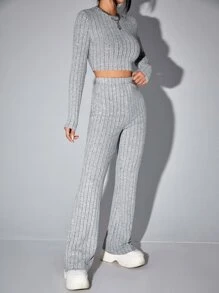 Muchica 2pcs Women Solid Color Crew Neck Long Sleeve Ribbed T-Shirt And Flare Leg Pants Set - Grey - View 3
