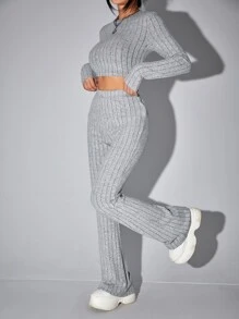Muchica 2pcs Women Solid Color Crew Neck Long Sleeve Ribbed T-Shirt And Flare Leg Pants Set - Grey - View 4