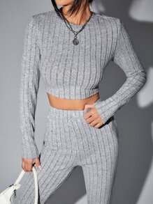 Muchica 2pcs Women Solid Color Crew Neck Long Sleeve Ribbed T-Shirt And Flare Leg Pants Set - Grey - View 5