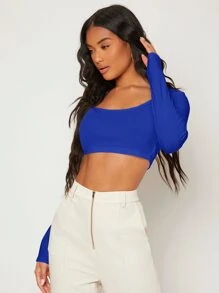 SHEIN BASICS Top corto de cuello scoop unicolor - azul real - Ver 3