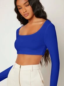 SHEIN BASICS Top corto de cuello scoop unicolor - azul real - Ver 4