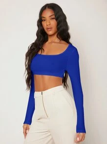 SHEIN BASICS Top corto de cuello scoop unicolor - azul real - Ver 7