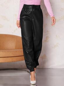 SHEIN BAE 斜口袋PU皮革蘿蔔褲 - 黑色 - 查看 4