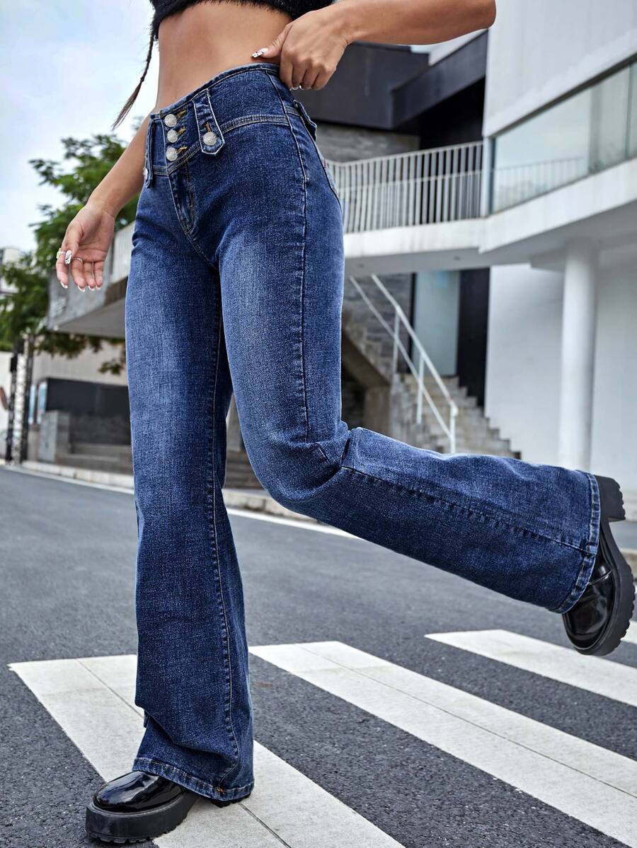 Buttoned Waistband Flap Pocket Back Jeans - Medium Wash - View 1