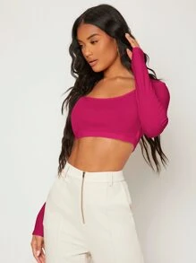 SHEIN BASICS White Knit Women's Slim Fit Crop Top With  Letter & Heart Pattern - Hot Pink - View 3