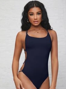 SHEIN BAE Strappy Open-Back Cheeky Bodysuit - Navy Blue - View 1