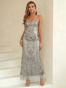 ANGEL FASHIONS Contrast Mesh Panel Sequins Tube Dress - Grey - View 3