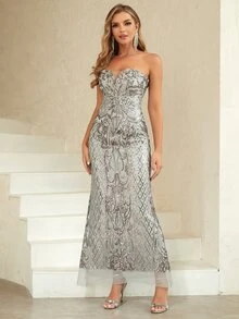 ANGEL FASHIONS Contrast Mesh Panel Sequins Tube Dress - Grey - View 7