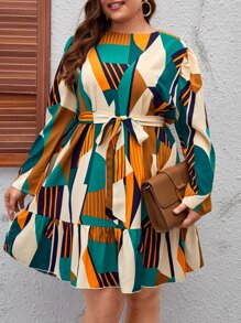 SHEIN Clasi Plus Geo Print Ruffle Hem Belted Dress - Multicolor - View 1