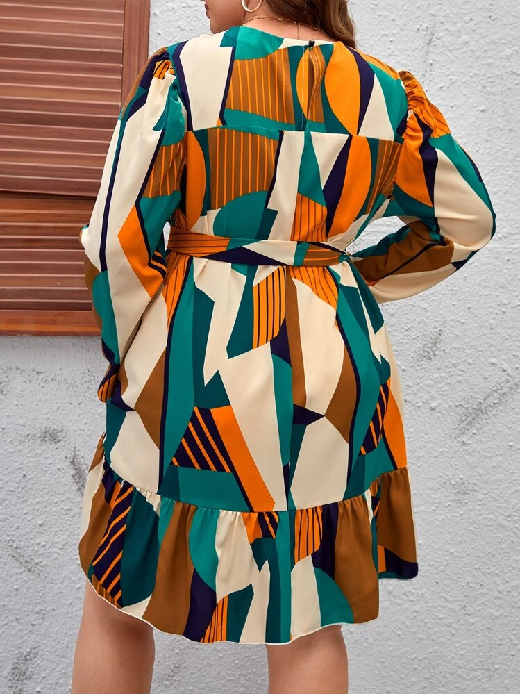 SHEIN Clasi Plus Geo Print Ruffle Hem Belted Dress - Multicolor - View 2