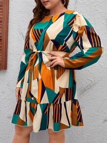 SHEIN Clasi Plus Geo Print Ruffle Hem Belted Dress - Multicolor - View 3