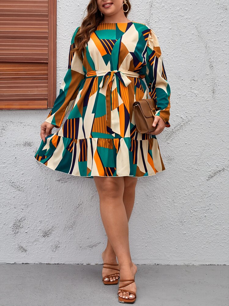 SHEIN Clasi Plus Geo Print Ruffle Hem Belted Dress - Multicolor - View 4